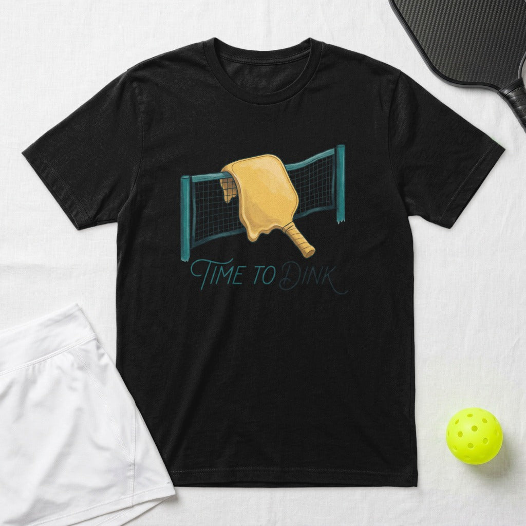 Black t-shirt with "Time to Dink" graphic showing a pickleball paddle over a net.