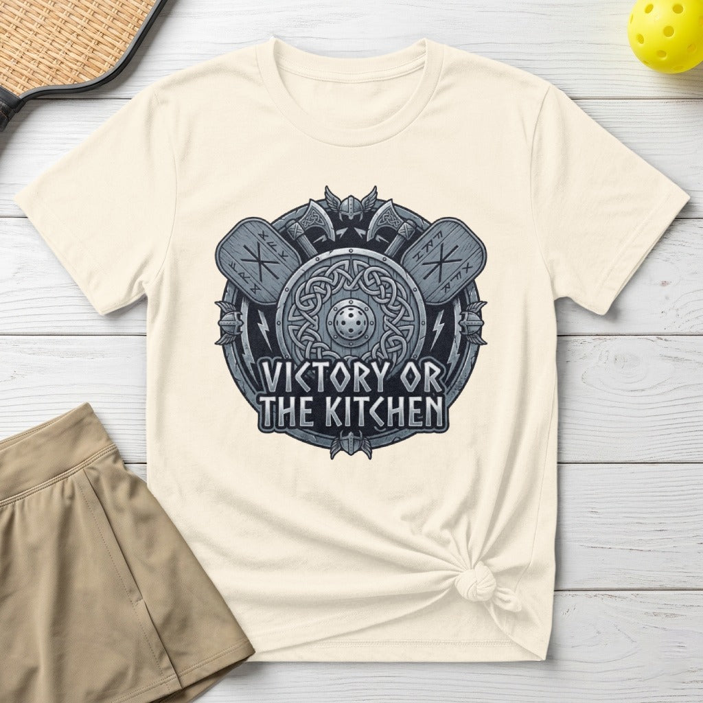 Cream t-shirt with "Victory or The Kitchen" pickleball graphic.