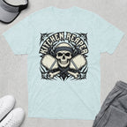 Skull with crossed pickleball paddles on a t-shirt, reads "Kitchen Reaper".
