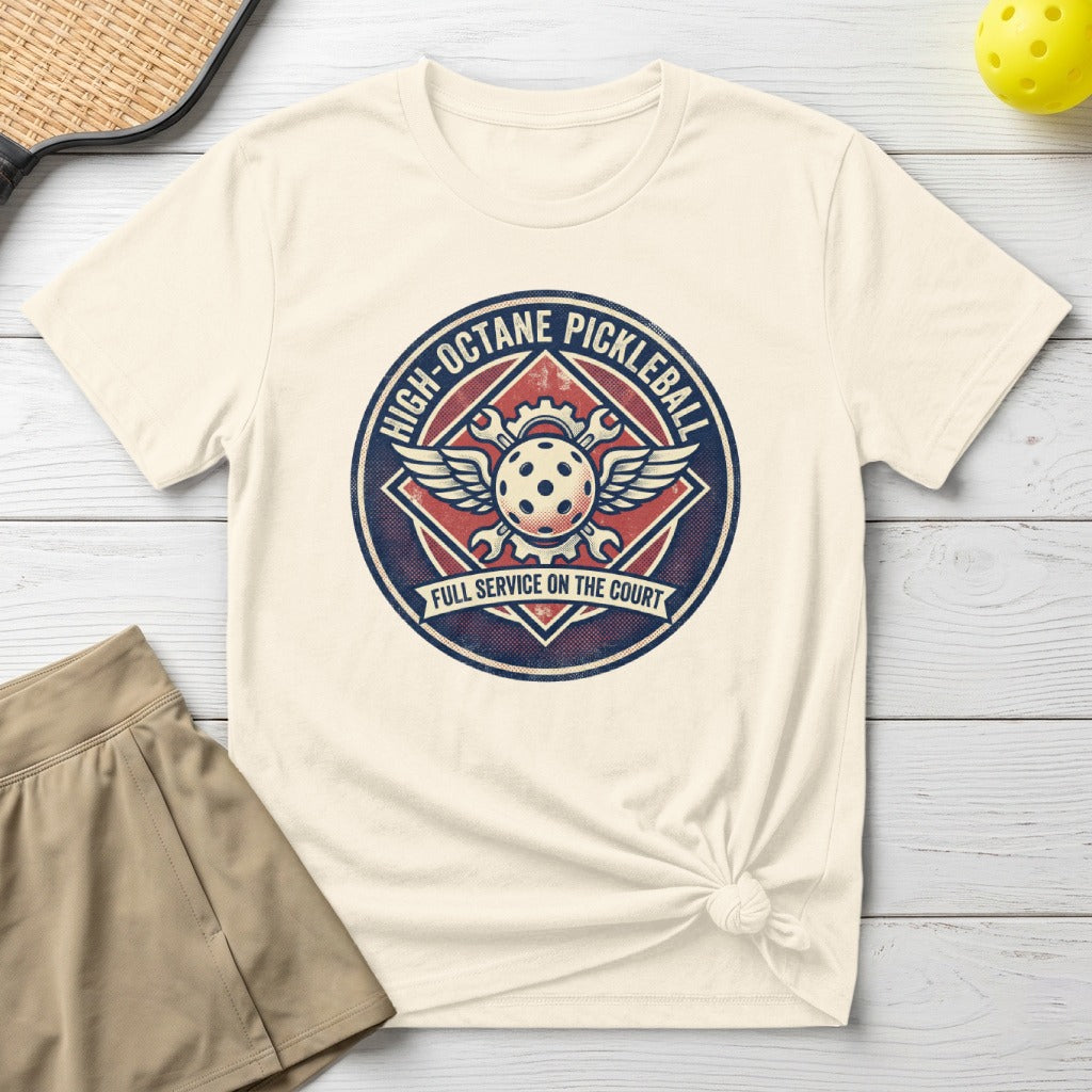 Cream t-shirt with "High-Octane Pickleball" logo and "Full Service on the Court".