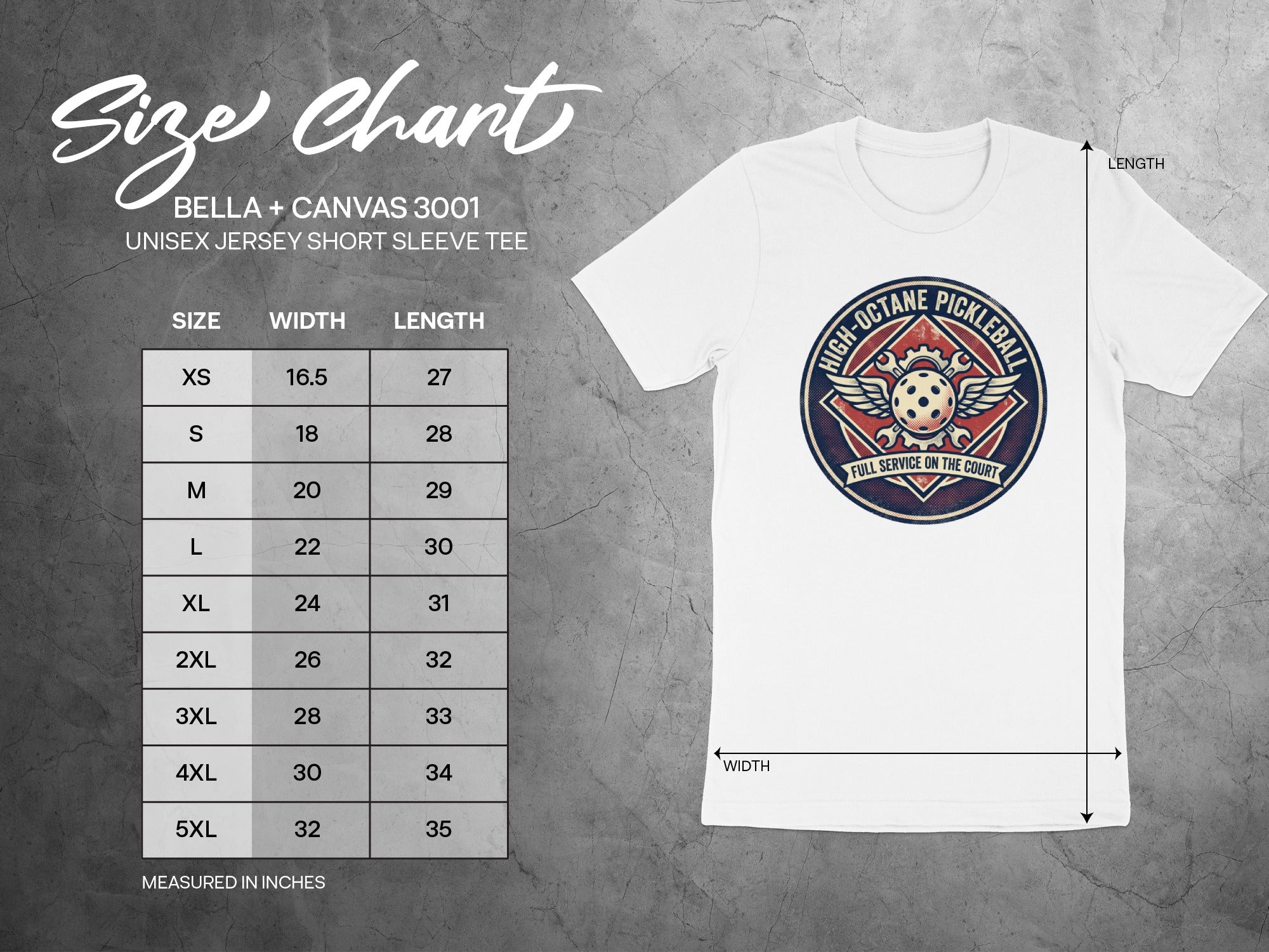 Size chart for Bella + Canvas 3001 unisex t-shirt with pickleball graphic.