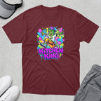 Maroon t-shirt with a cartoon character wearing a hat and jumping.