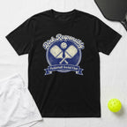 Black t-shirt with vintage pickleball paddles and "Dink Responsibly" slogan.