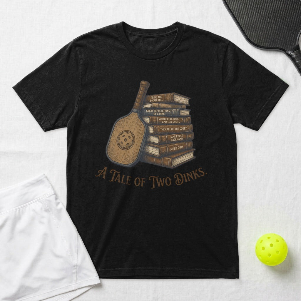 T-shirt with stack of books about pickleball, "A Tale of Two Dinks" title.