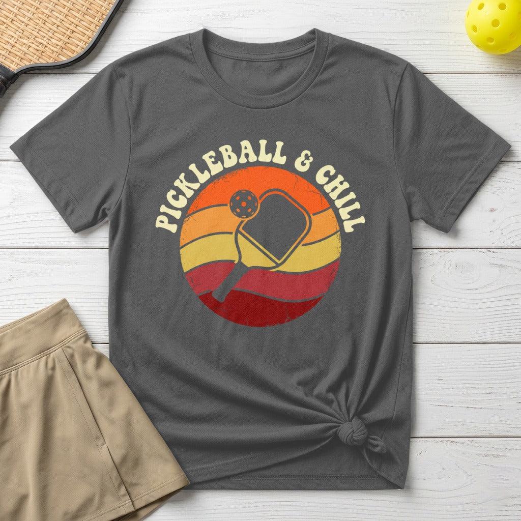 Dark grey t-shirt with "Pickleball & Chill" vintage graphic.
