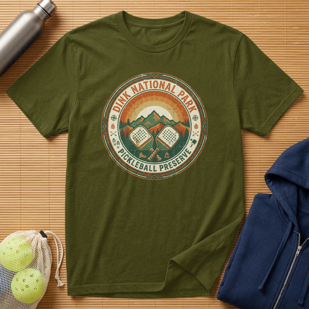 Olive green t-shirt with DINK NATIONAL PARK PICKLEBALL PRESERVE circular graphic.