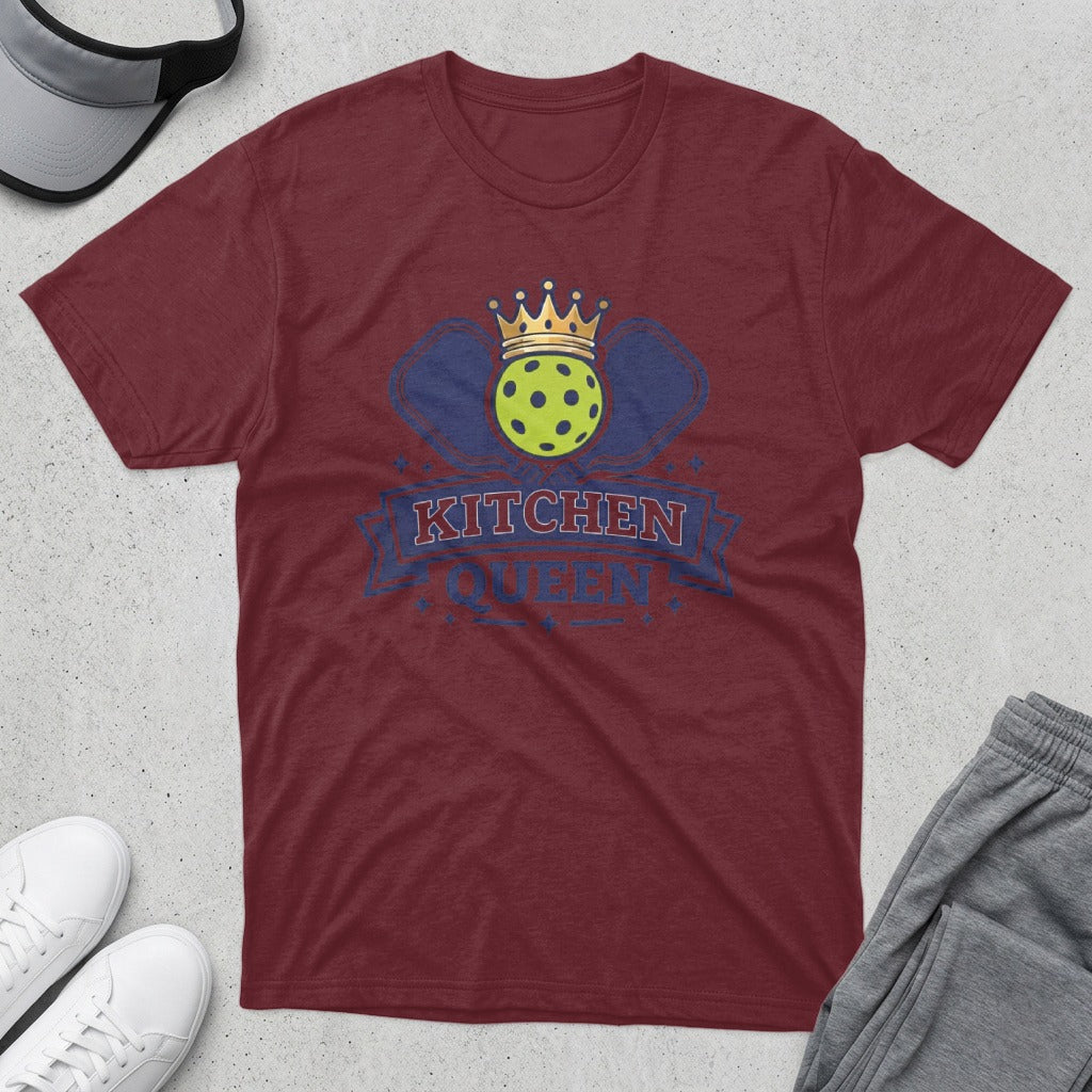Maroon t-shirt with "Pickle Queen" text and pickleball graphic.