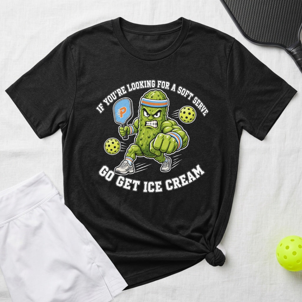 T-shirt with pickleball pickle graphic and text about ice cream.