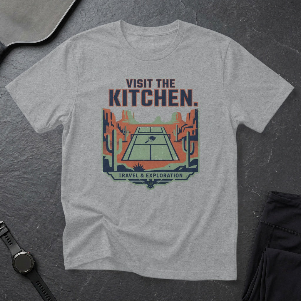 Grey t-shirt with "Visit the Kitchen" and pickleball court graphic.