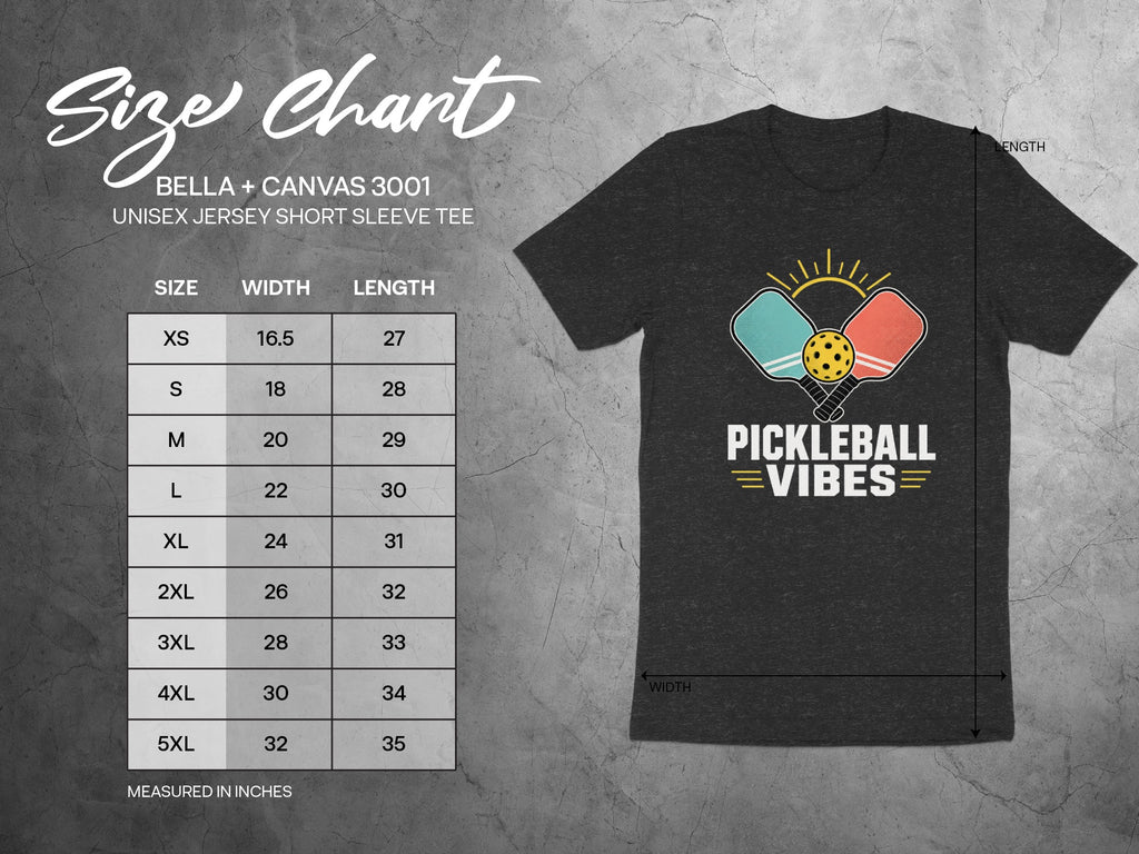Bella + Canvas 3001 unisex tee size chart showing width and length in inches.