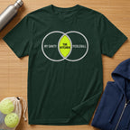 Dark green t-shirt with "MY SANITY" and "PICKLEBALL" Venn diagram graphic.