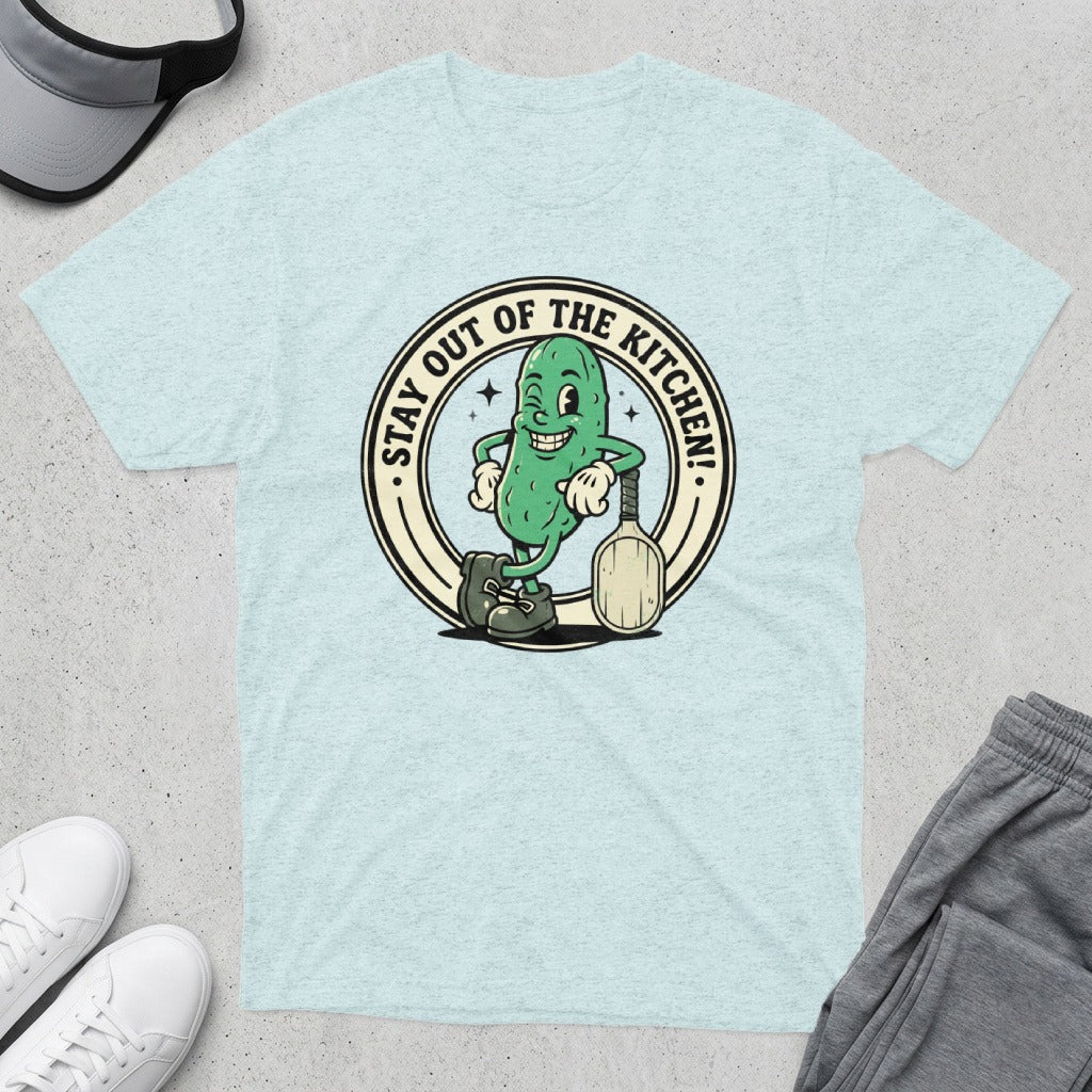 Cartoon pickle holding a paddle, saying "Stay out of the kitchen!"