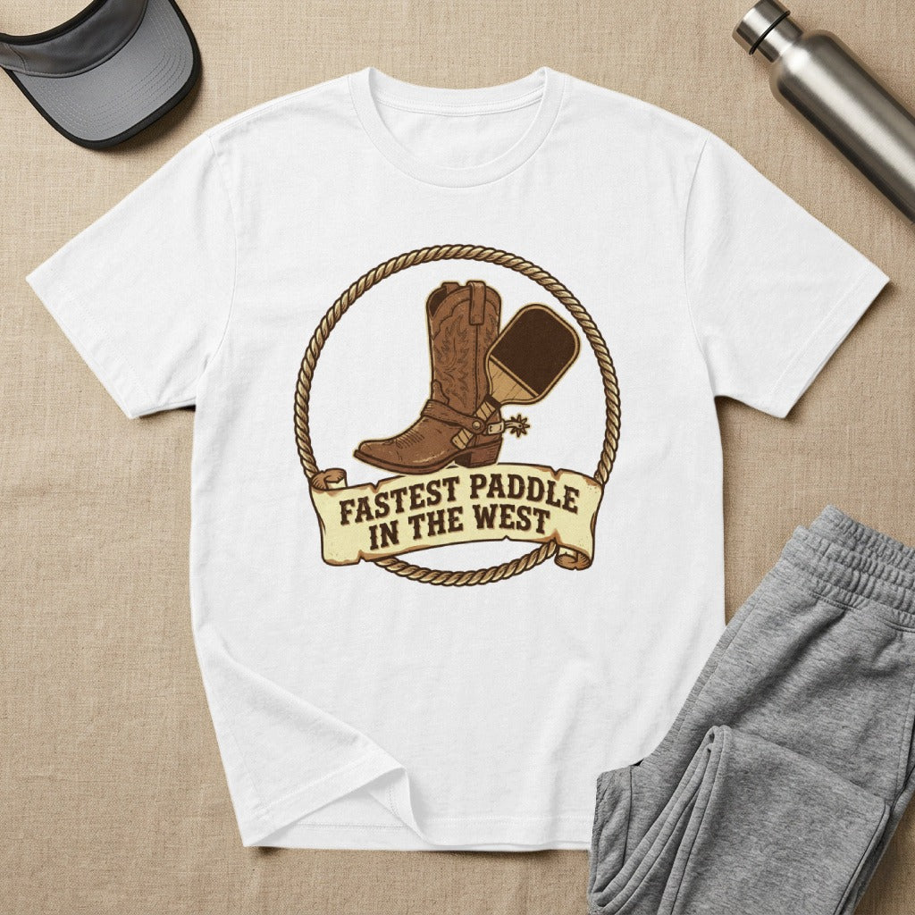 White t-shirt with "Fastest Paddle in the West" and cowboy boot graphic.