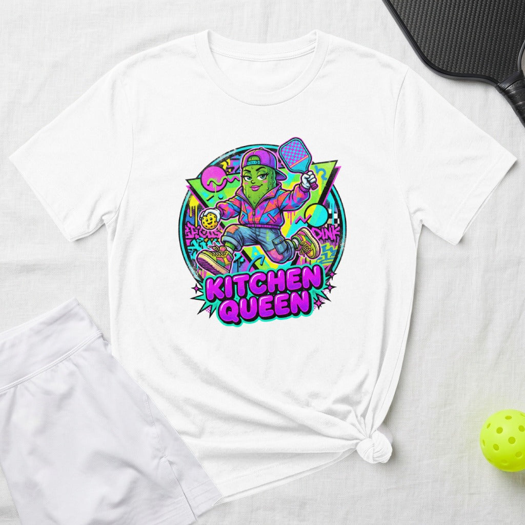White t-shirt with "Kitchen Queen" pickleball graphic.