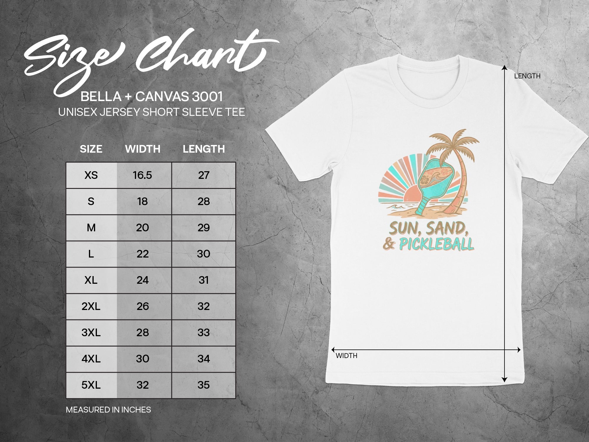 Bella + Canvas 3001 size chart with pickleball graphic.