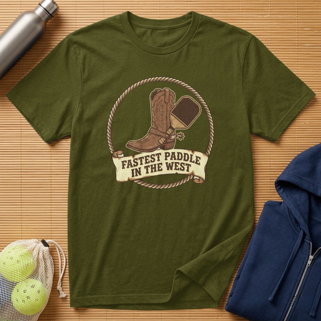 Olive t-shirt with cowboy boot and pickleball paddle graphic.