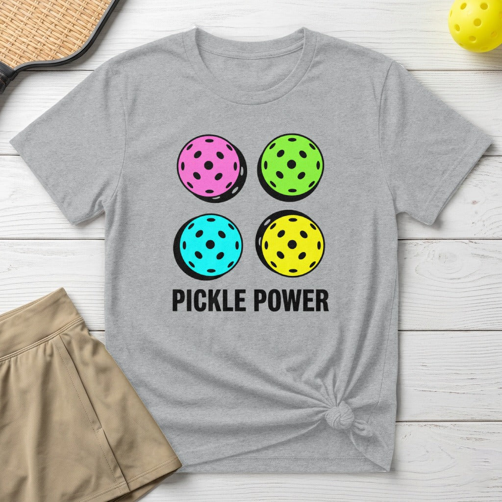 Grey t-shirt with four brightly colored pickleballs and the text "PICKLE POWER".