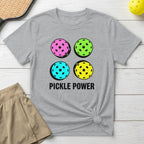 Grey t-shirt with four brightly colored pickleballs and the text "PICKLE POWER".