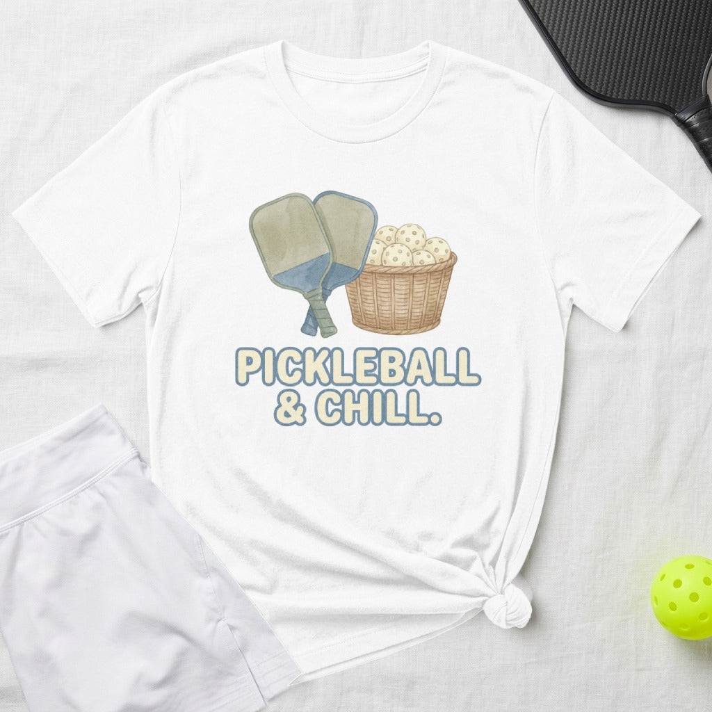 White t-shirt with "PICKLEBALL & CHILL" text, a basket of pickleballs, and crossed paddles.