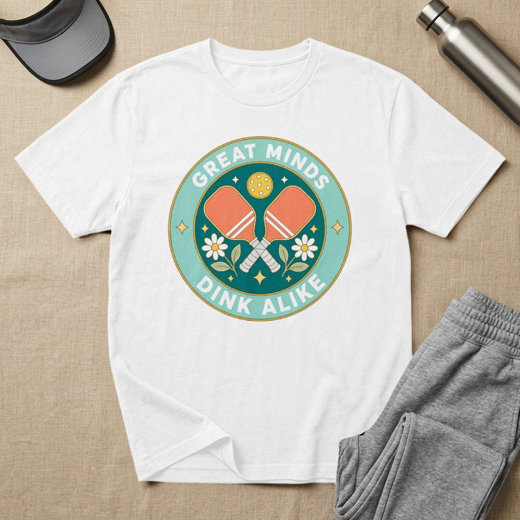 White t-shirt with "Great Minds Dink Alike" pickleball graphic.