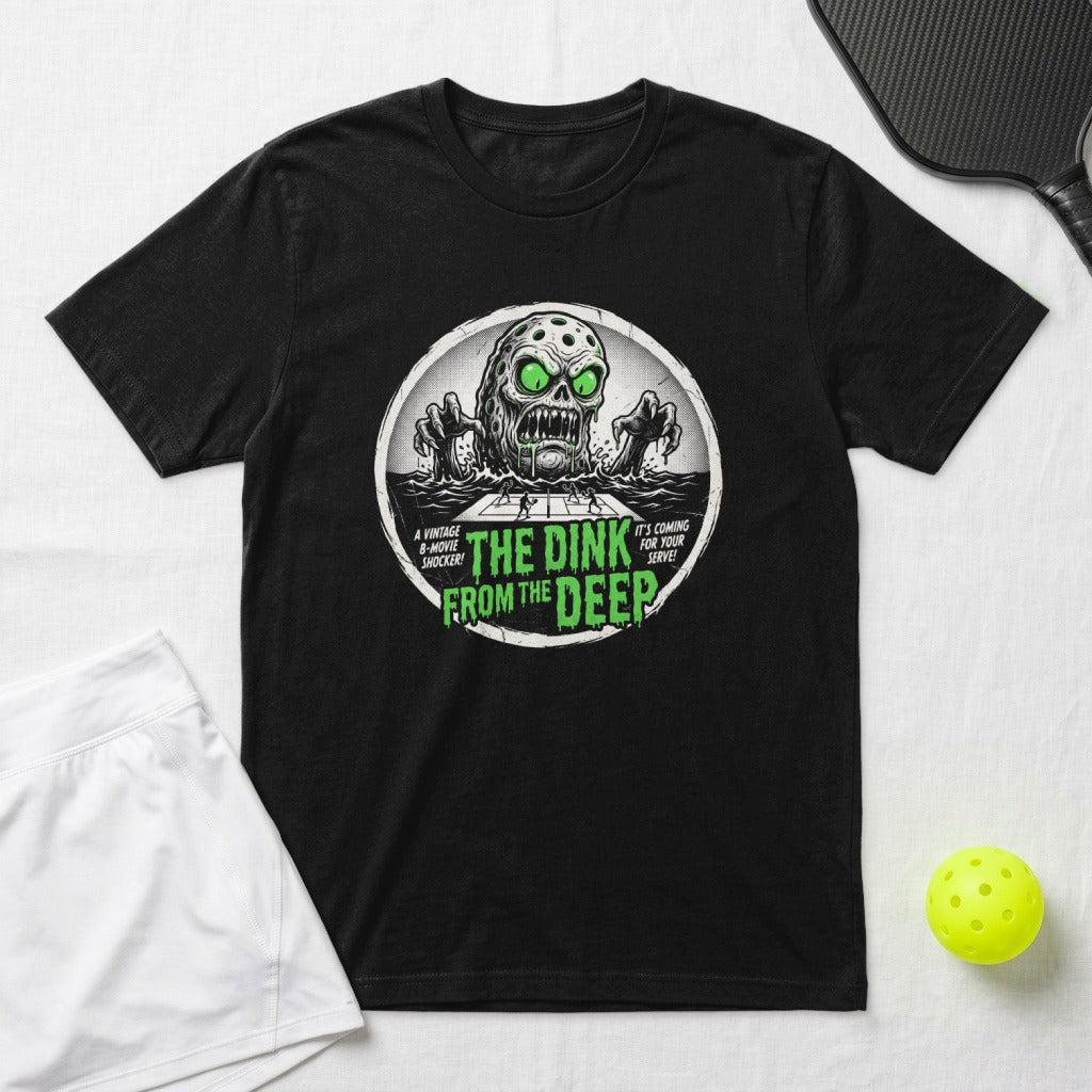 T-shirt with vintage B-movie horror graphic and text "The Dink From The Deep".