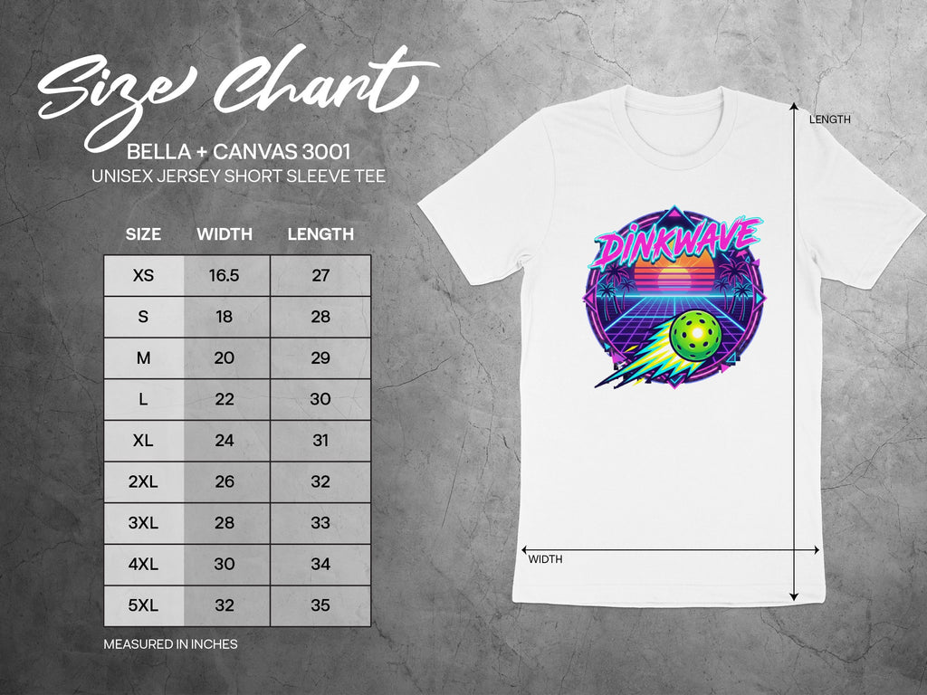 Size chart for Bella + Canvas 3001 unisex t-shirt with measurements.