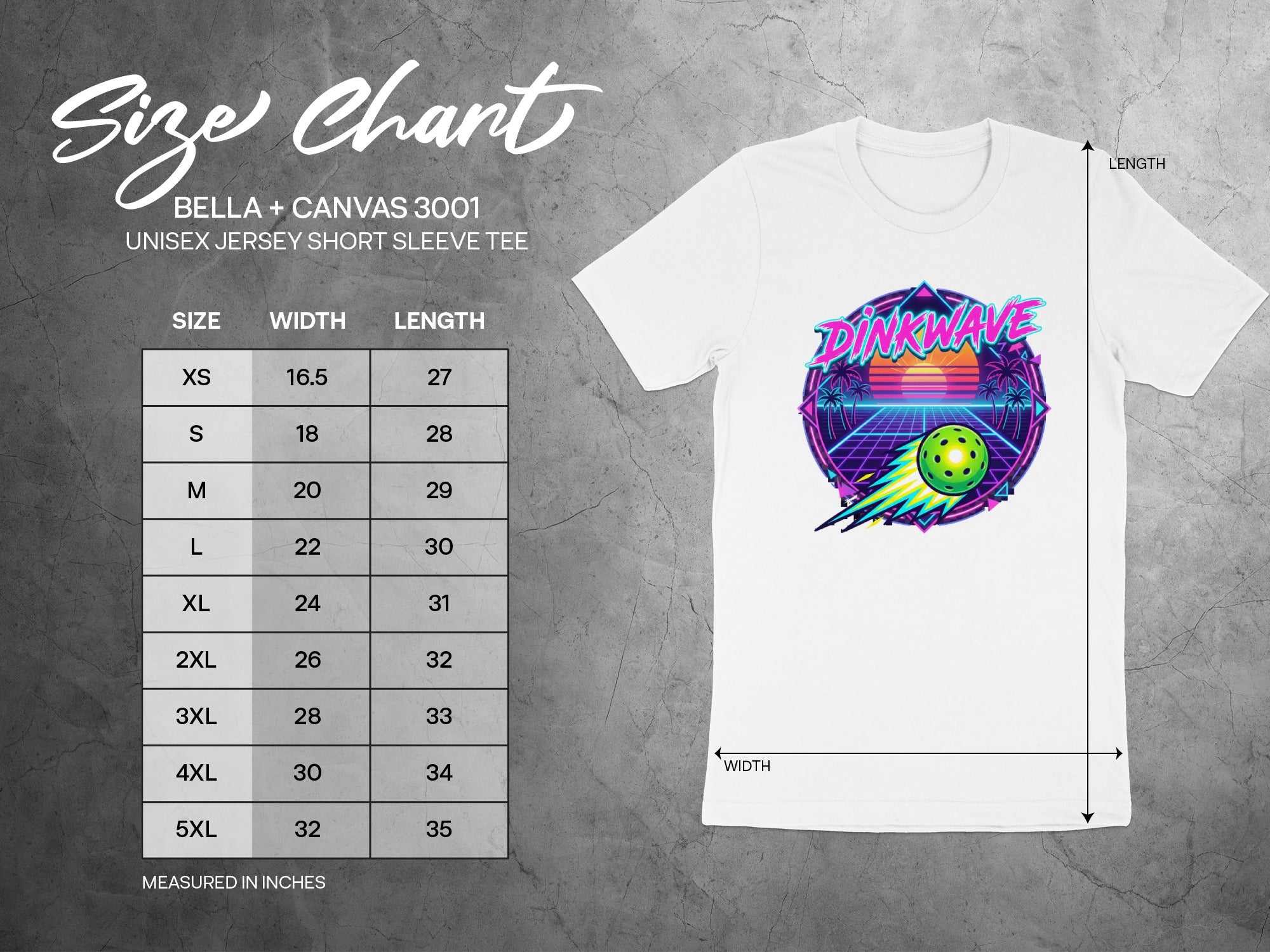 Size chart for Bella + Canvas 3001 unisex t-shirt with measurements.