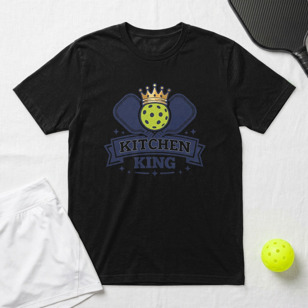 Black t-shirt with "Kitchen King" logo featuring a crown and pickleball.