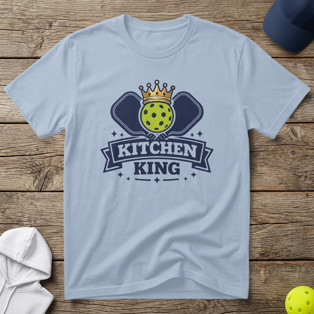 Light blue t-shirt with "Kitchen King" and crossed pickleball paddles with a crown.