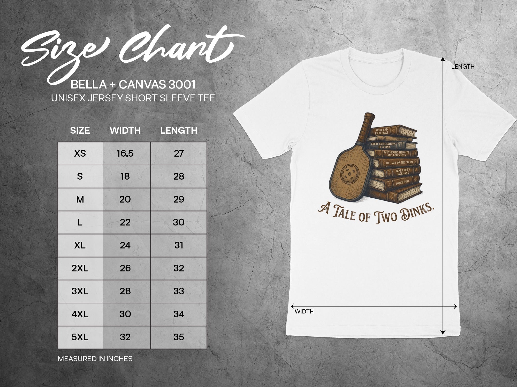 Bella + Canvas 3001 t-shirt size chart with pickleball-themed book titles.