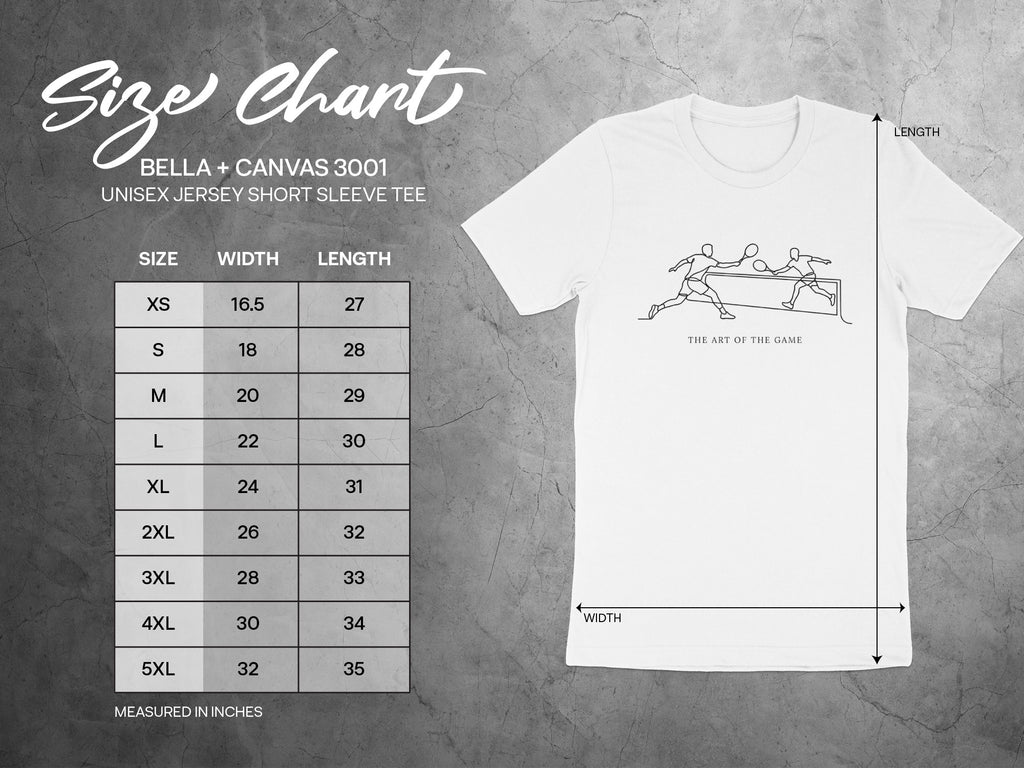 Bella+Canvas 3001 unisex t-shirt size chart showing width and length in inches.