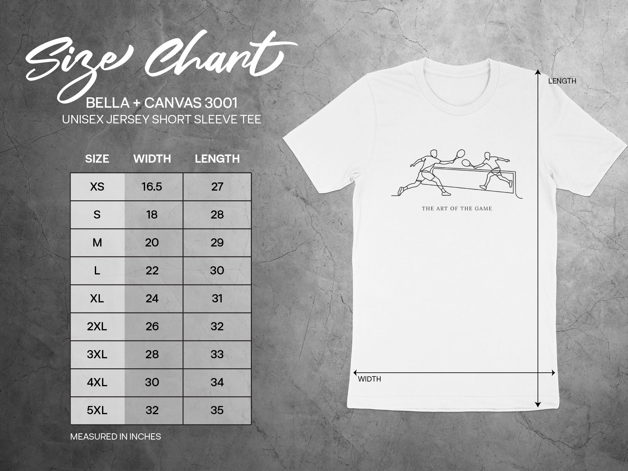 Bella+Canvas 3001 unisex t-shirt size chart showing width and length in inches.