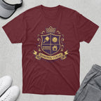 Maroon t-shirt with a crest featuring pickleball, tennis, and house icons.