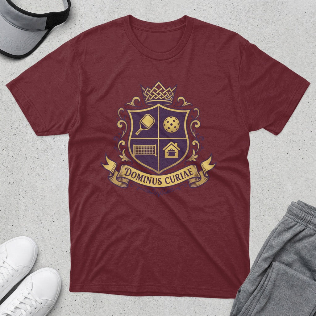Maroon t-shirt with a crest featuring pickleball, tennis, and house icons.