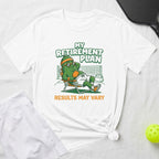 White t-shirt with pickleball theme, cartoon character relaxing.