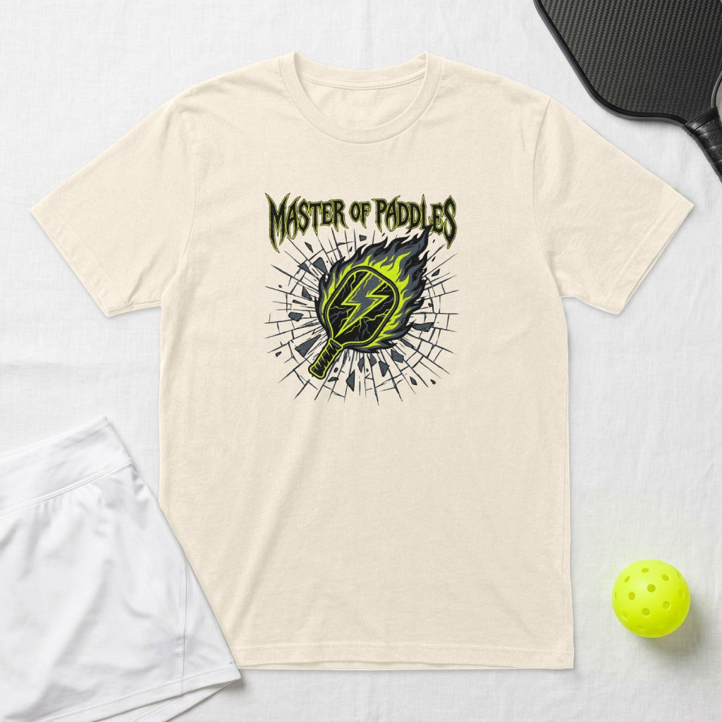 Cream t-shirt with "Master of Paddles" graphic and cracked glass effect.