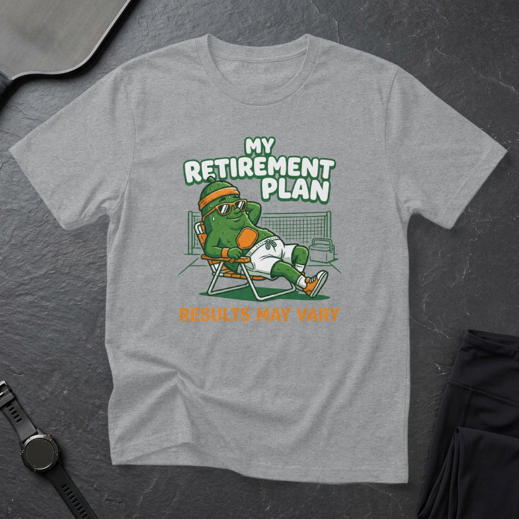 Green cartoon pickle relaxing in lounge chair with text "MY RETIREMENT PLAN RESULTS MAY VARY".