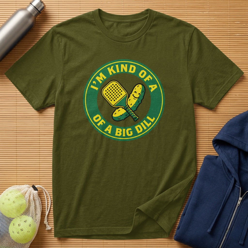 Green t-shirt with "I'm kind of a big dill" pickle and paddle graphic.