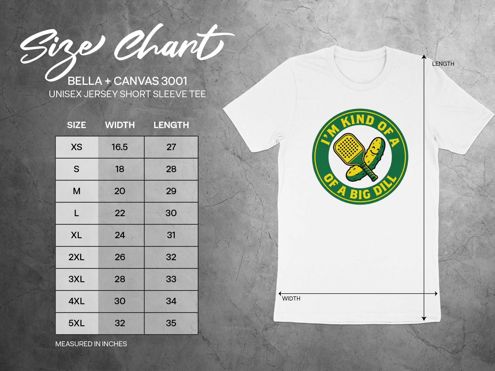 Size chart for Bella + Canvas 3001 unisex t-shirt with dill pickle graphic.
