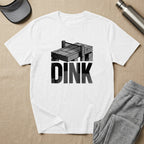 White t-shirt with "DINK" graphic and pickleball net.