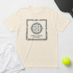 Cream t-shirt with a dark grey square target design and text "TARGET_LOCKED: KITCHEN."