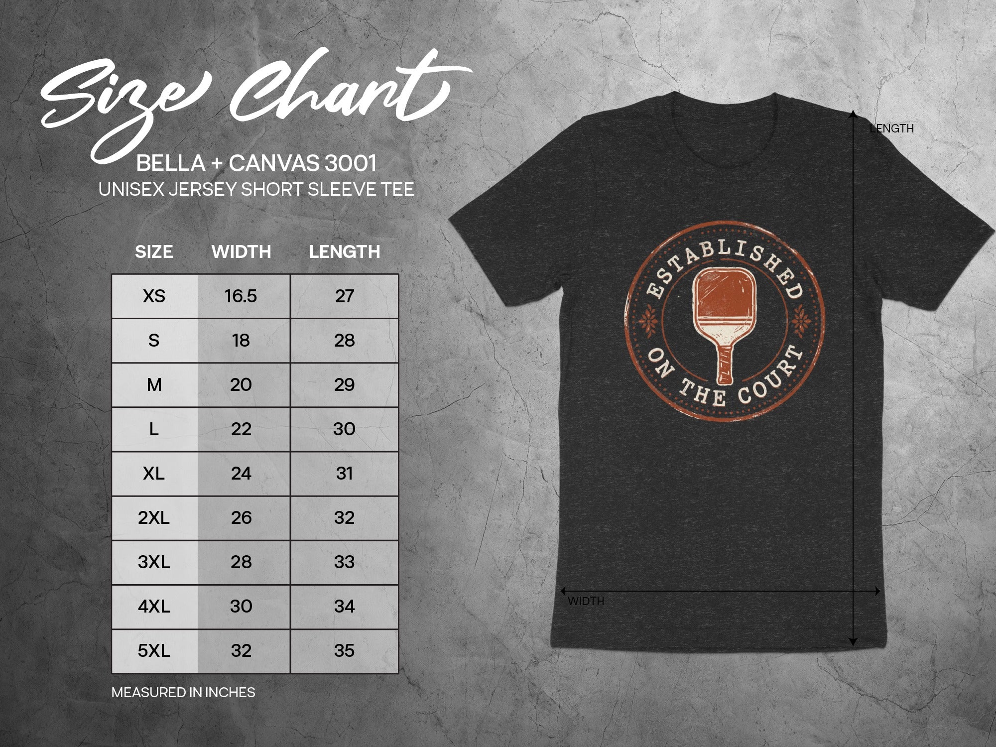 Size chart for Bella+Canvas 3001 unisex tee with measurements.