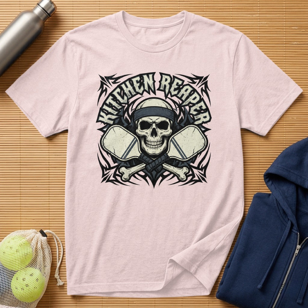 T-shirt with skull, crossed pickleball paddles, and "Kitchen Reaper" text.