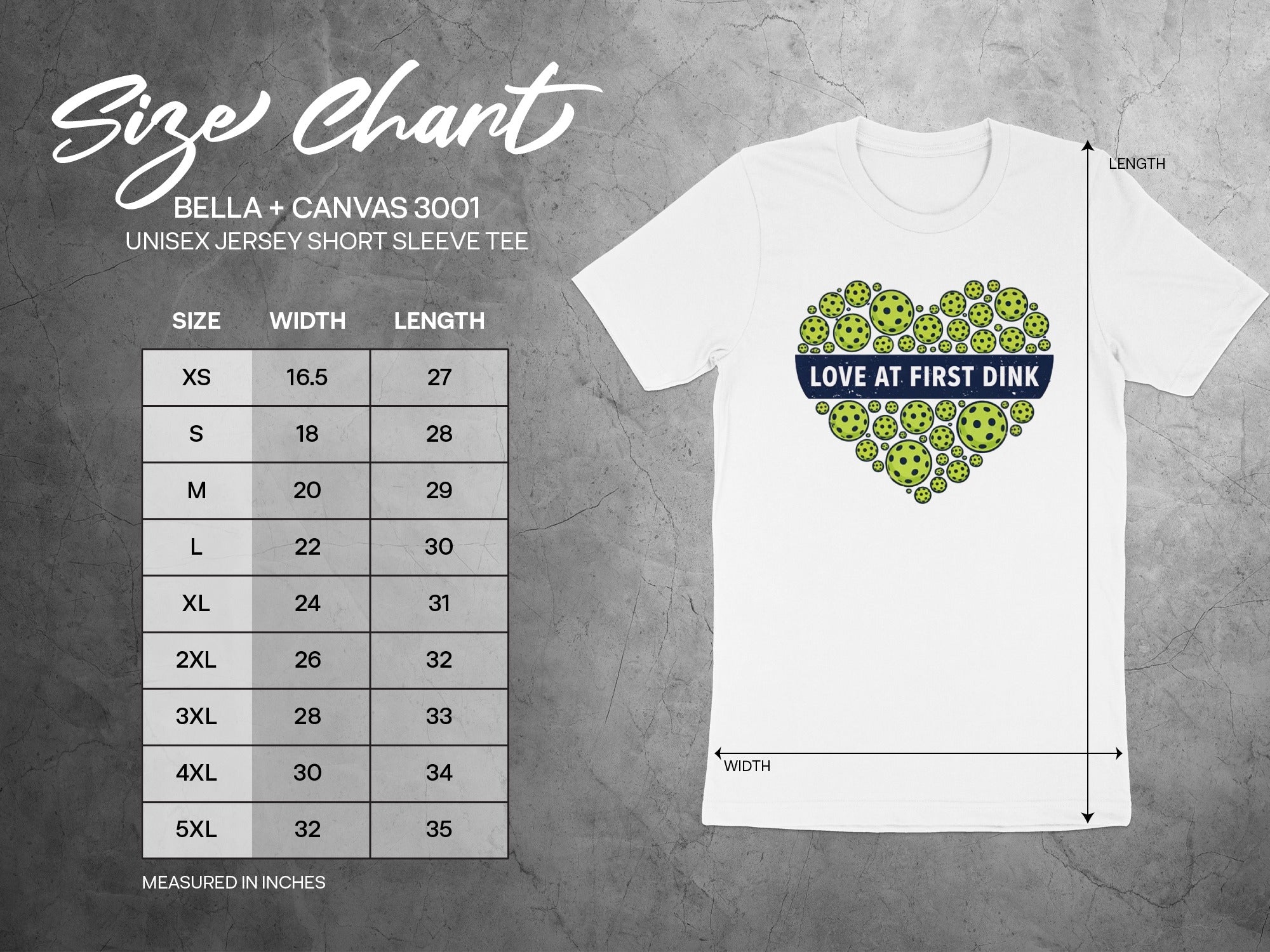 T-shirt size chart with measurements in inches for unisex short sleeve tee.