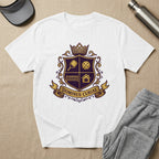 White t-shirt with a purple and gold crest featuring pickleball and sports icons.