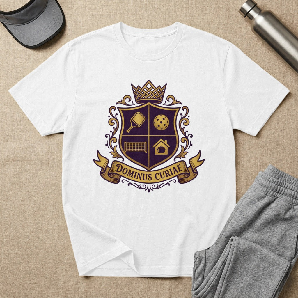 White t-shirt with a purple and gold crest featuring pickleball and sports icons.