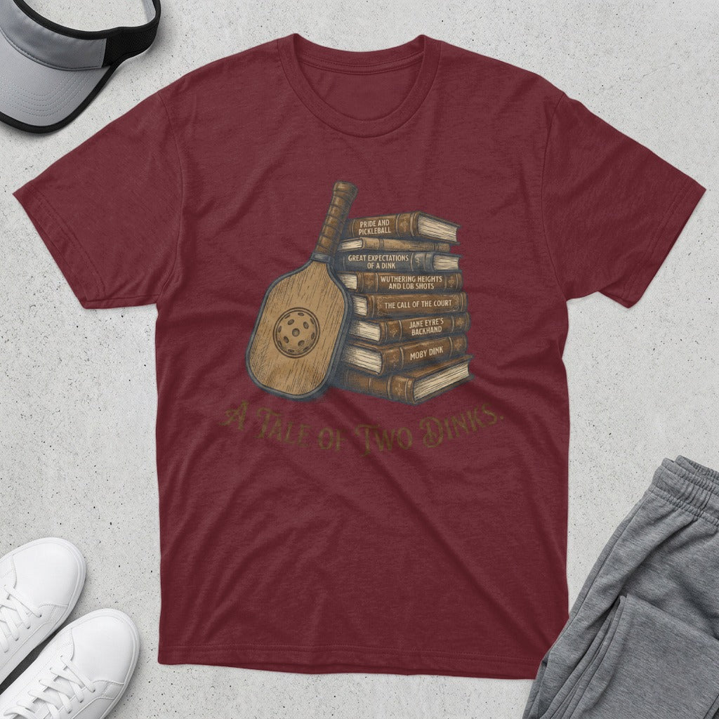 Maroon t-shirt with a stack of books featuring pickleball puns and a pickleball paddle.