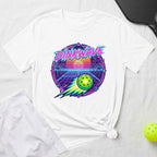 White t-shirt with Pinkwave pickleball graphic and sunset.