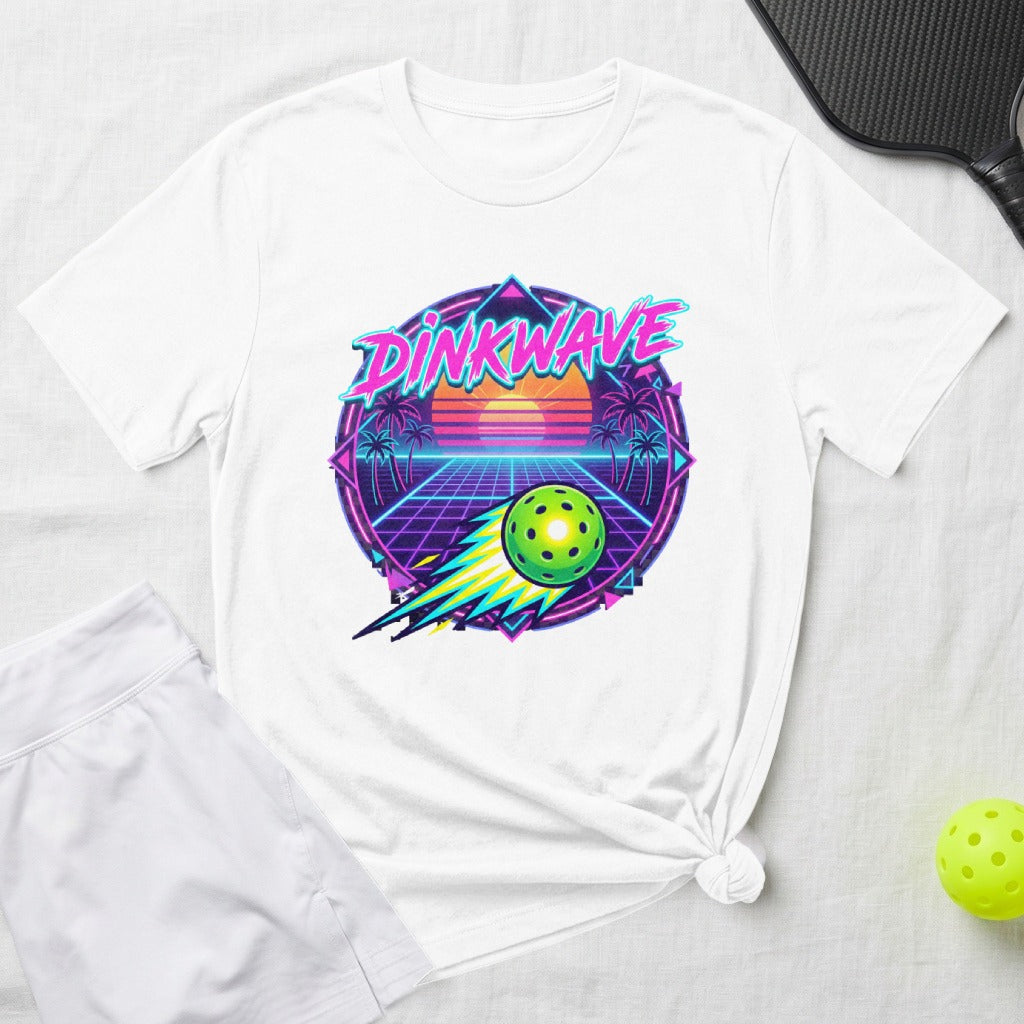 White t-shirt with Pinkwave pickleball graphic and sunset.