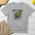 Grey t-shirt with "Master of Paddles" and a flaming pickleball paddle.